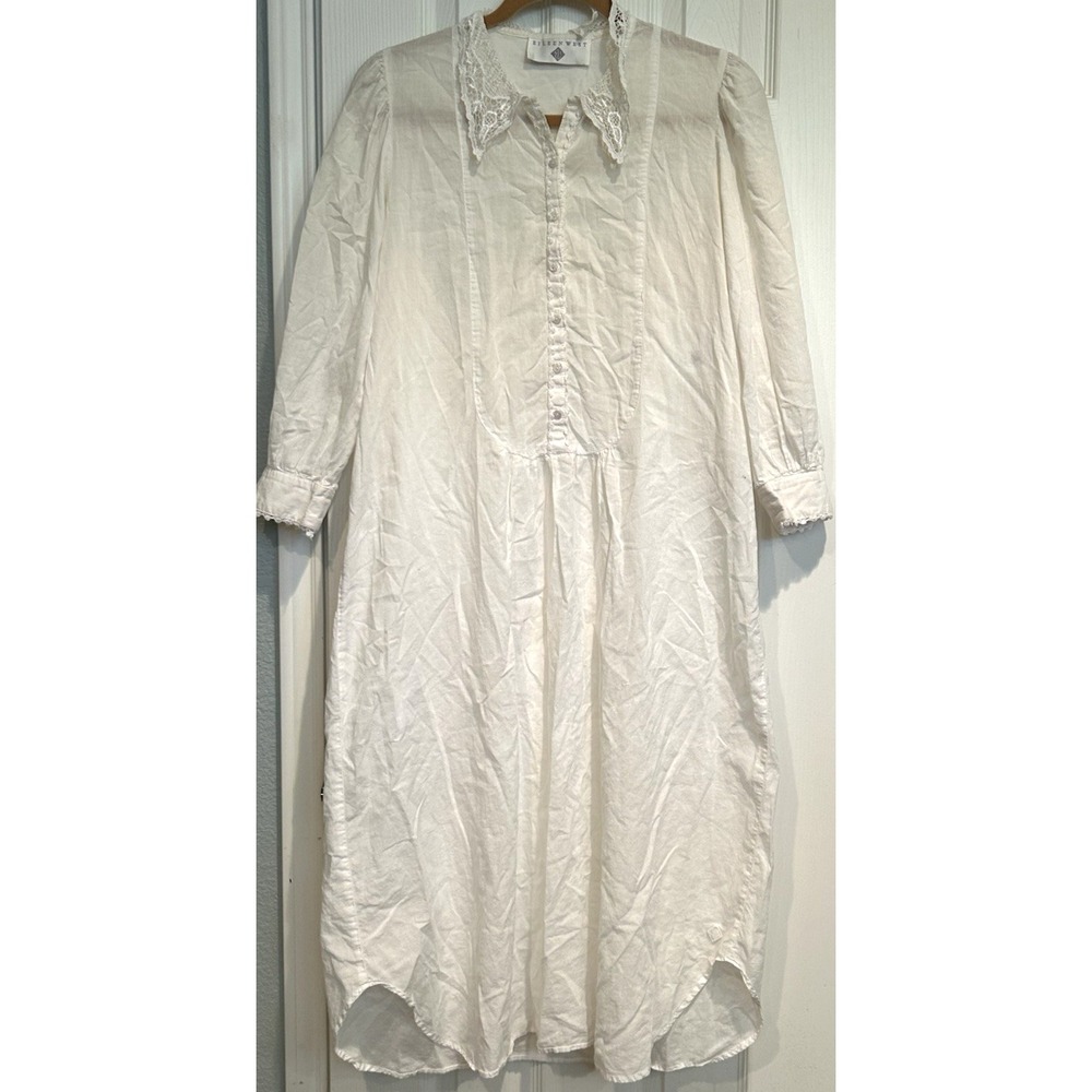 Vintage Eileen West White Long Cotton Nightgown Womens M Lightweight Lace USA